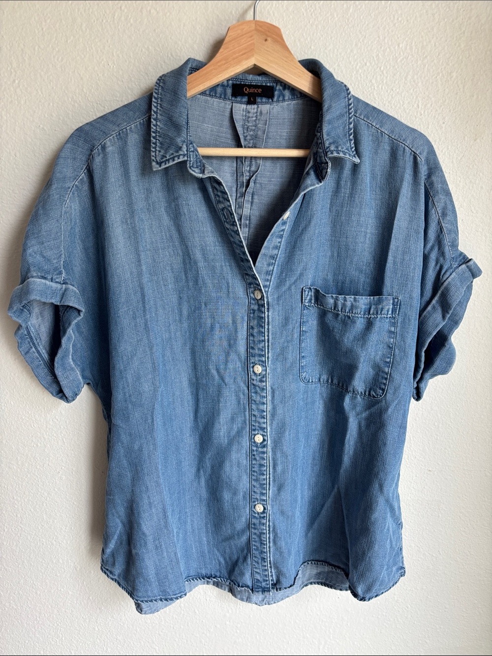 Quince Womens L Chambray Tencel Short Sleeve Camp Shirt Spring Summer Button Up